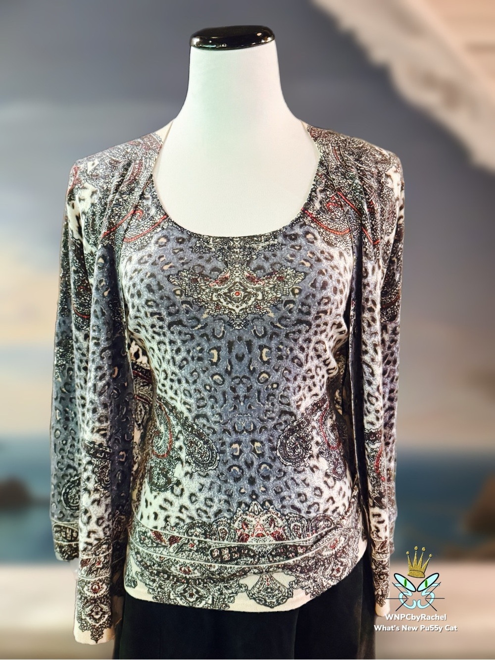 Neiman Marcus Cashmere Collection Paisley Leopard Print Shell and Cardigan, S